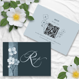 Dusty Blue Hand Drawn Floral QR Code RSVP OSA Kort