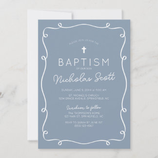 Dusty Blue Hand plockade Baptism-inbjudan Inbjudningar