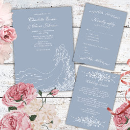 Dusty Blue Hand plockade Couple Rustic Bröllop Inbjudningar