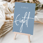 Dusty Blue Hand Scripted Bord EIGHT Bordsnummer<br><div class="desc">Enkla kort för bordsnummer och chic i Dusty Blue och White gör en elegant påstående vid din bröllop eller händelse. Designfunktionerna "bord [nummer]" i en ögonetsande blandning av klassisk serif och handskriven skriptskrift. Utformningen upprepas på båda sidor. Individuellt numrerade kort som säljs separat. Beställ varje bordsnummer var för sig från...</div>