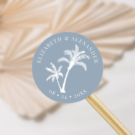 Dusty Blue Handflatan Träd Beach Tropical Bröllop Runt Klistermärke