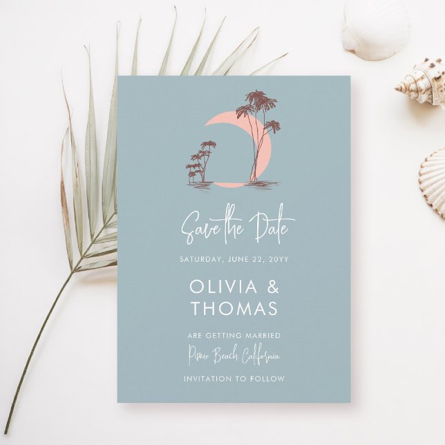 Dusty Blue Handflatan Träd Måne Modern Beach Weddi Spara Datumet (beach wedding save the date dusty blue palm trees crescent moon modern romantic elegant seaside)