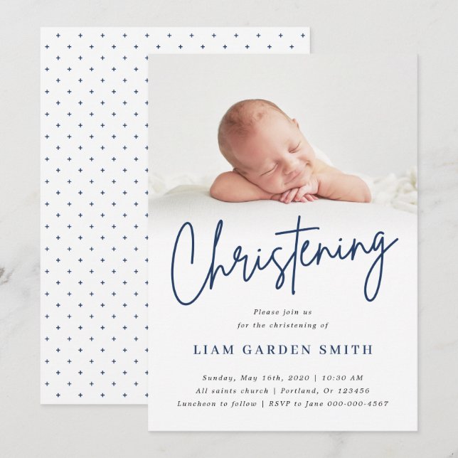 Dusty Blue Handwrite Christening Boy Inbjudningar (Fram/baksida)