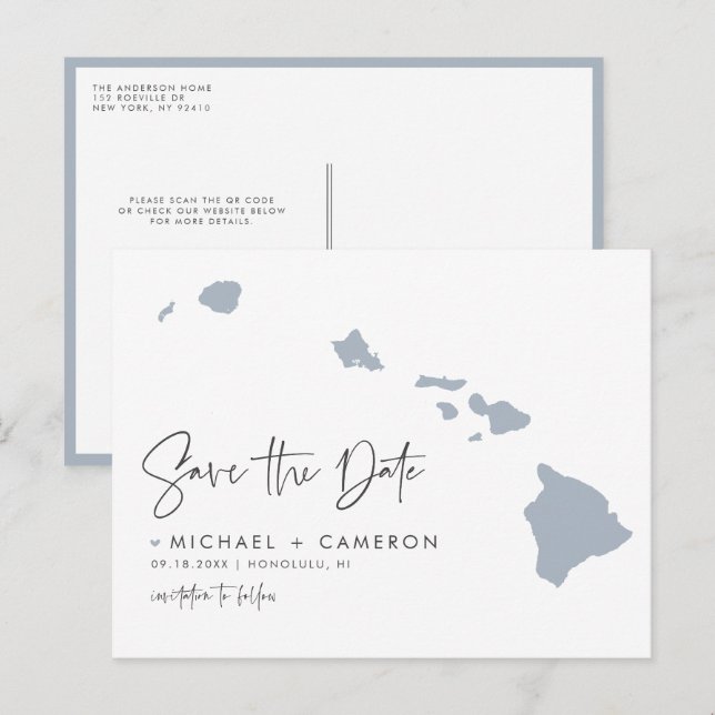 Dusty Blue Hawaii State Karta QR Code Save Date Meddelande Vykort (Fram/baksida)