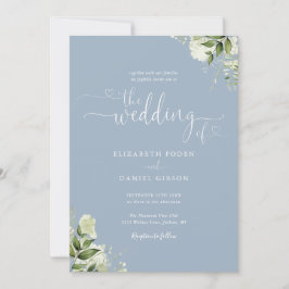 Dusty Blue Heart Script Foliage Foto Bröllop Inbjudningar