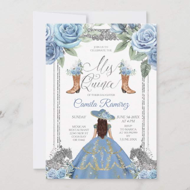 Dusty Blue Horse & Western Boots Sweet 16:e Inbjudningar (Framsida)
