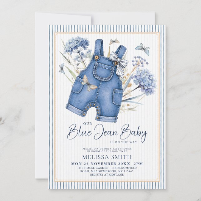 Dusty Blue Hydrangea Blå Jean Baby Shower Inbjudningar (Framsida)
