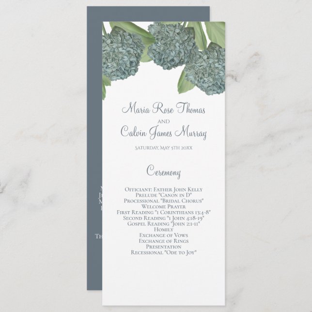 Dusty Blue Hydrangea Blommigt Elegant Ceremony Program (Fram/baksida)