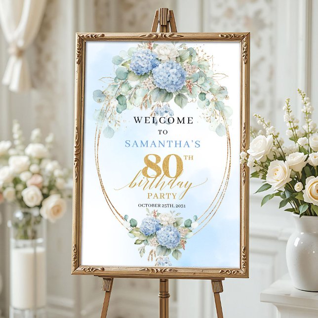 Dusty Blue Hydrangea Boho Floral 80th birthday  Poster (Dusty Blue Hydrangea Boho Floral 80th birthday welcome)