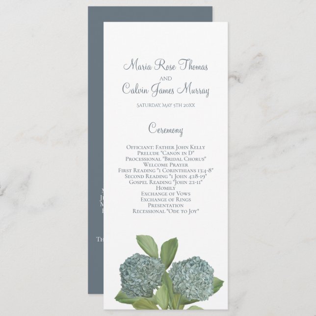Dusty Blue Hydrangea Elegant Blommigt Ceremony Program (Fram/baksida)