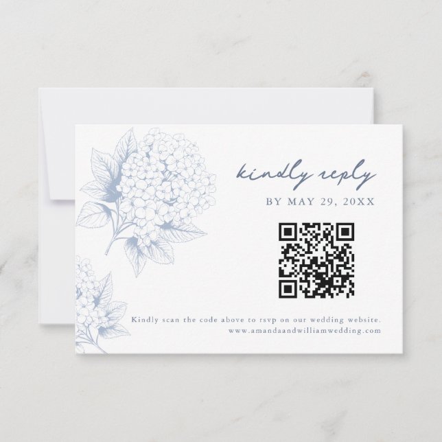 Dusty Blue Hydrangea QR Code RSVP Card OSA Kort (Framsida)