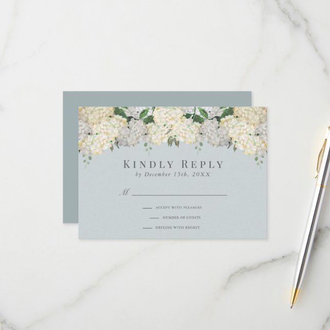 Dusty Blue Hydrangea Wedding RSVP OSA Kort (Fram/Back In Situ)