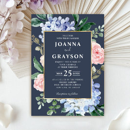 Dusty blue hydrangeas pastel rosa ros bröllop i inbjudningar