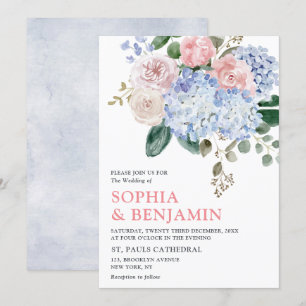 Dusty blue hydrangeas pastel rosa ros bröllop inbjudningar