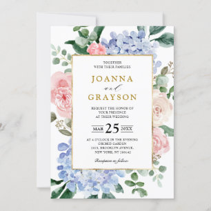 Dusty blue hydrangeas pastel rosa ros bröllop inbjudningar