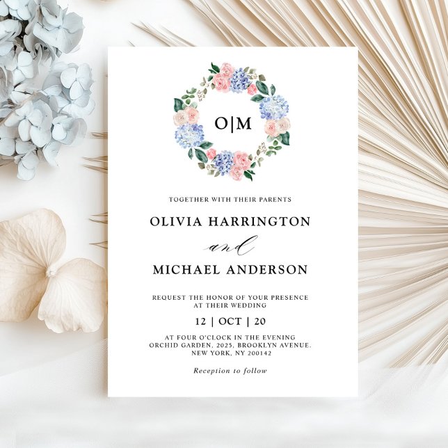 Dusty blue hydrangeas pastel rosa ros bröllop inbjudningar (Dusty blue hydrangeas pastel pink roses wedding in invitation)
