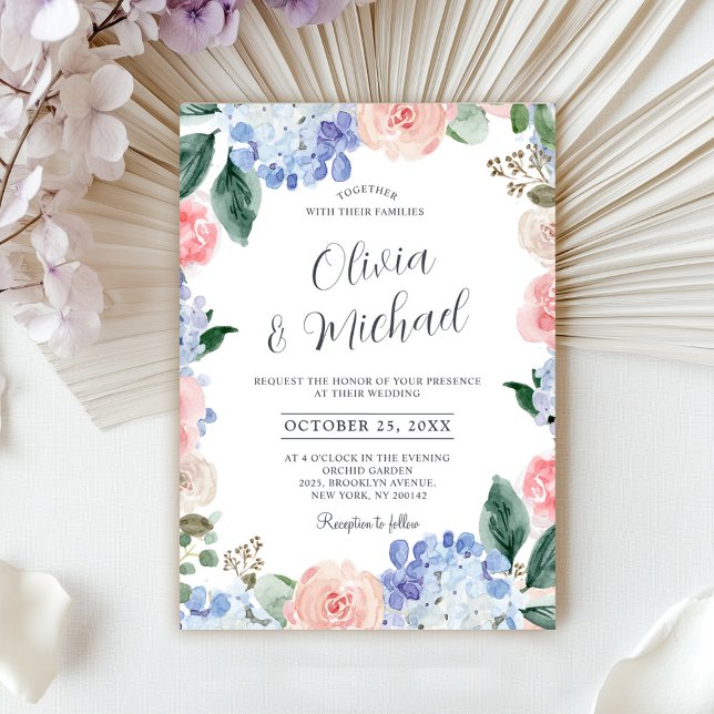 Dusty blue hydrangeas pastel rosa ros bröllop inbjudningar (Dusty blue hydrangeas pastel pink roses wedding invitation)