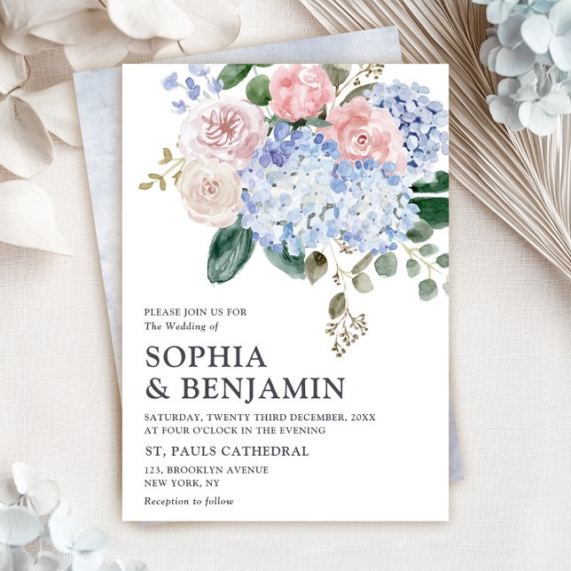 Dusty blue hydrangeas pastel rosa ros bröllop inbjudningar (Dusty blue pastel pink hydrangea floral wedding invitation)