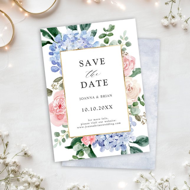 Dusty blue hydrangeas pastel rosa ros bröllop spara datumet (Dusty blue hydrangeas pastel pink roses wedding save the date)