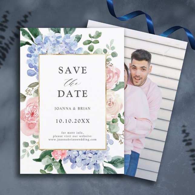 Dusty blue hydrangeas pastel rosa ros Photo Spara Datumet (dusty blue pink hydrangea floral photo save the date)