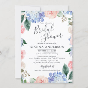 Dusty blue hydrangeas rosa ros Möhippa Inbjudningar