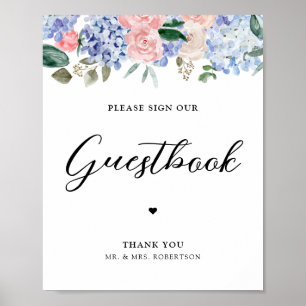 Dusty blue hydrangeas rosa, skriv in gästbok poster