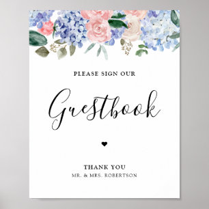 Dusty blue hydrangeas rosa, skriv in gästbok poster