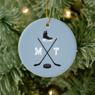 Dusty Blue Ice Hockey Classic Distress Monogram Julgransprydnad Keramik