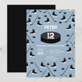 Dusty Blue Ice Hockey Stick, Skates Puck Birthday Inbjudningar