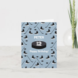 Dusty Blue Ice Hockey Stick, Skates Puck Birthday Kort