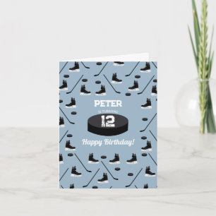 Dusty Blue Ice Hockey Stick, Skates Puck Birthday Kort