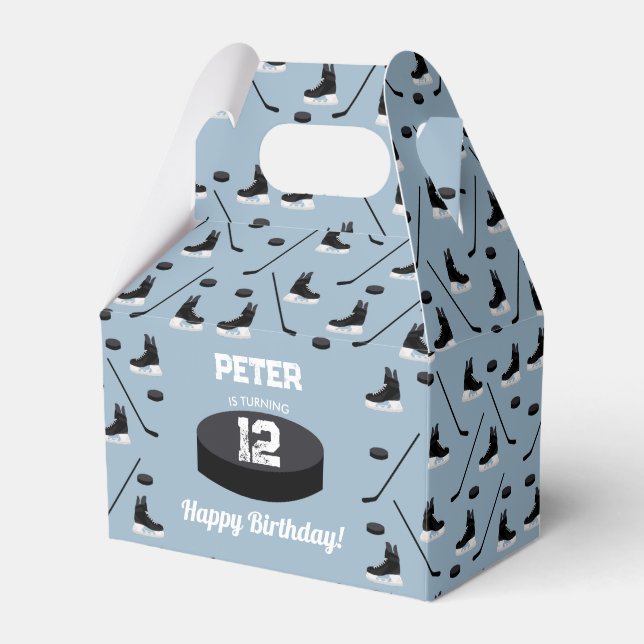 Dusty Blue Ice Hockey Stick, Skates Puck Birthday Presentaskar (Framsidan Sidan)