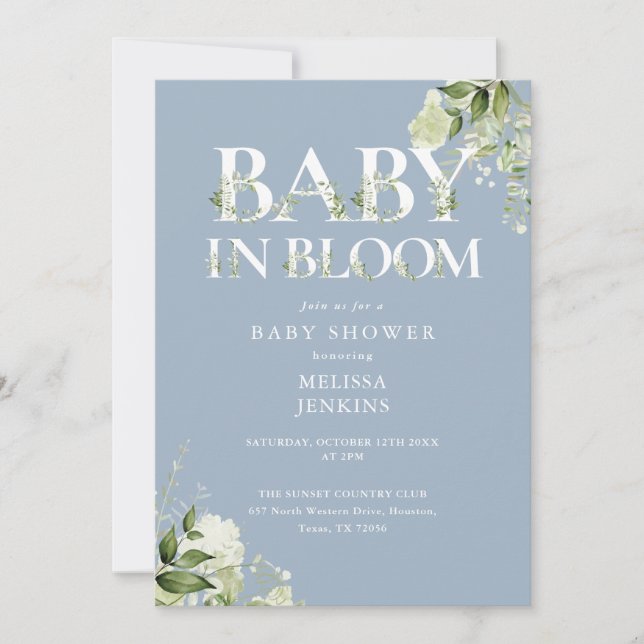 Dusty Blue in Bloom Greenery QR Code Baby Shower Inbjudningar (Framsida)