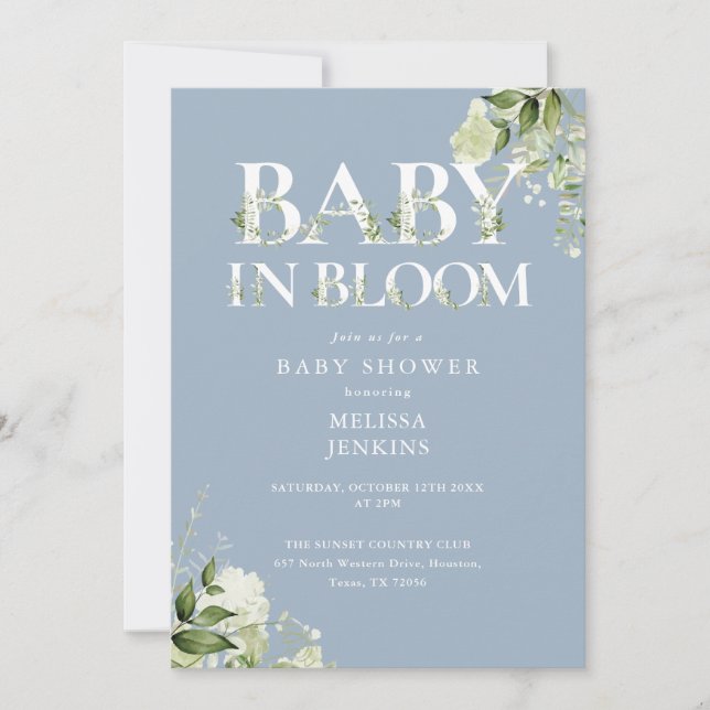 Dusty Blue In Bloom Greenery QR-kod Baby Shower Inbjudningar (Framsida)