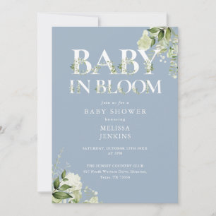 Dusty Blue In Bloom Greenery QR-kod Baby Shower Inbjudningar
