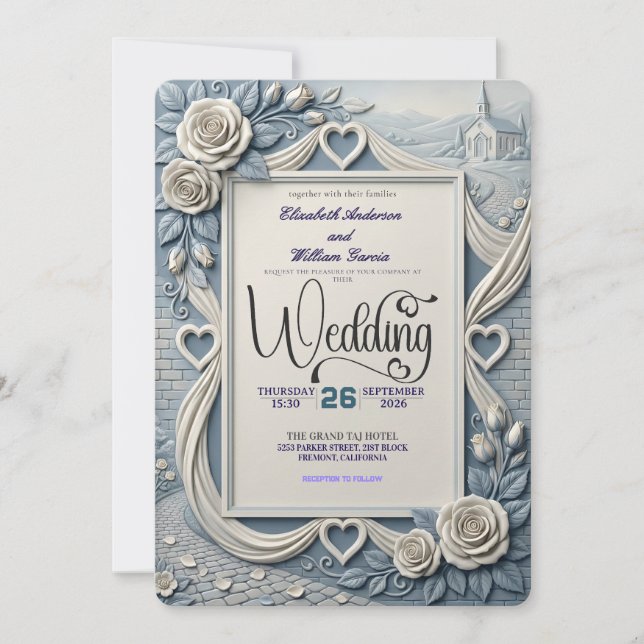 Dusty Blue Indigo Romantic Church Wedding Inbjudningar (Framsida)