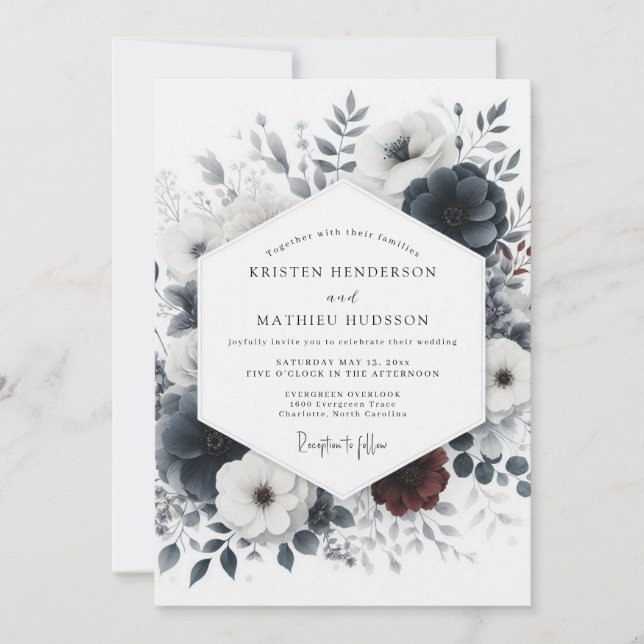 Dusty Blue Ink Wash Floral Wedding Inbjudningar (Framsida)