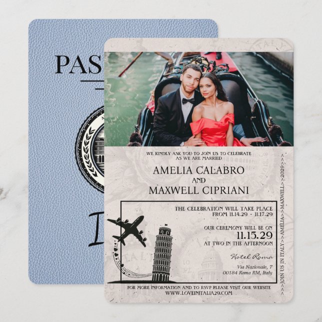 Dusty Blue Italien Passport Wedding bjudande Inbjudningar (Fram/baksida)