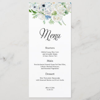 Dusty Blue Ivory Blommigt Bröllop Menu Meny