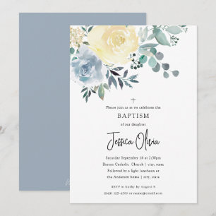 Dusty Blue Ivory Blommigt Greenery Baptism Inbjudningar