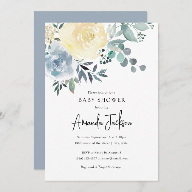 Dusty Blue Ivory Blommigt Greenery Boy Shower Inbjudningar (Fram/baksida)