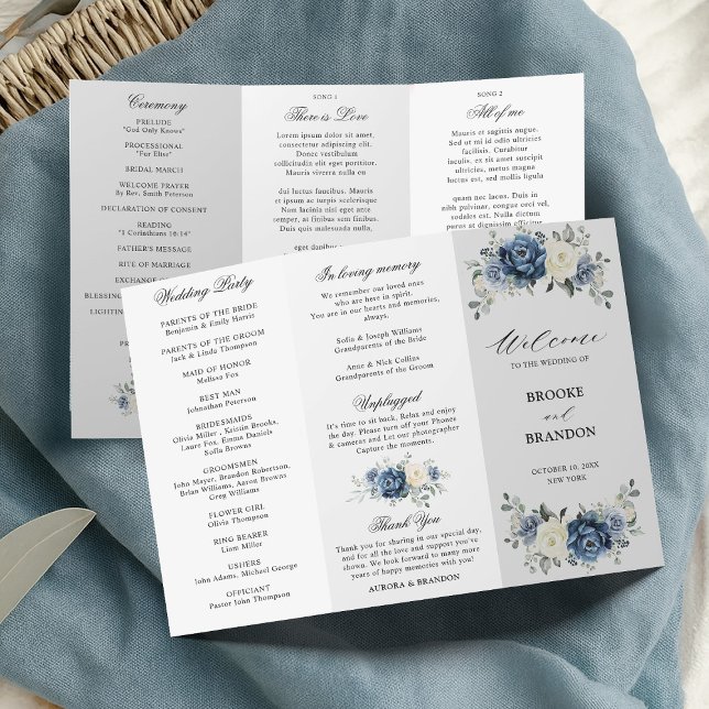 Dusty Blue Ivory Blommigt Tri-fold Bröllopsprogram (Dusty Blue Ivory Floral Tri-fold Wedding Program card)