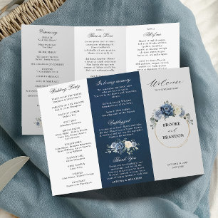 Dusty Blue Ivory Blommigt Tri-fold Bröllopsprogram