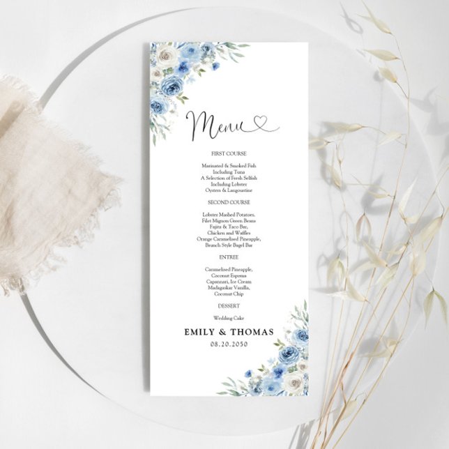 Dusty Blue Ivory Bröllop Ceremony Menu Meny (Skapare uppladdad)