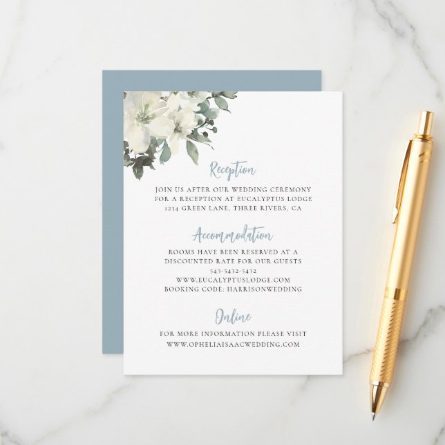 Dusty Blue Ivory Floral Wedding Enclosure Card Tilläggskort (Fram/Back In Situ)