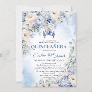 Dusty Blue & Ivory Flowers blue krona Quinceañera Inbjudningar