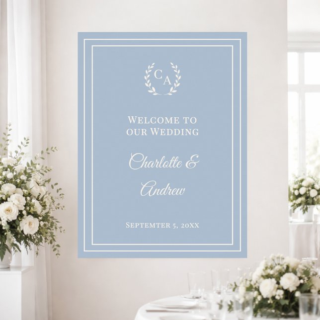 Dusty blue ivory monogrammed wedding welcome poster (Skapare uppladdad)