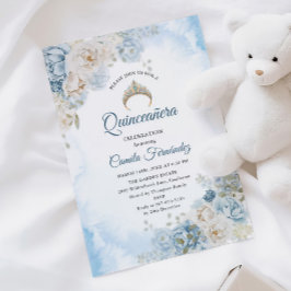 Dusty Blue Ivory Ro Flowers Quinceanera Birthday Inbjudningar