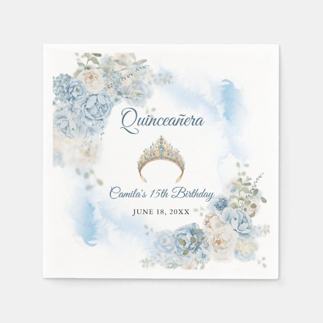 Dusty Blue Ivory Ro Flowers Quinceanera Birthday Pappersservett (Framsidan)