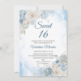 Dusty Blue Ivory Ro Flowers Sweet sixteen 16 Inbjudningar